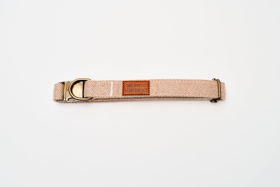 Brown Tweed Herringbone Dog Collar with Rustic Metal Buckle & Leather Logo