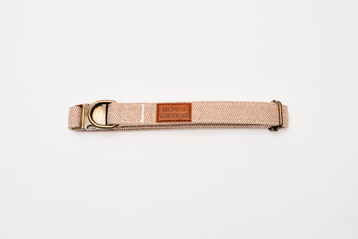 Brown Tweed Herringbone Dog Collar with Rustic Metal Buckle & Leather Logo