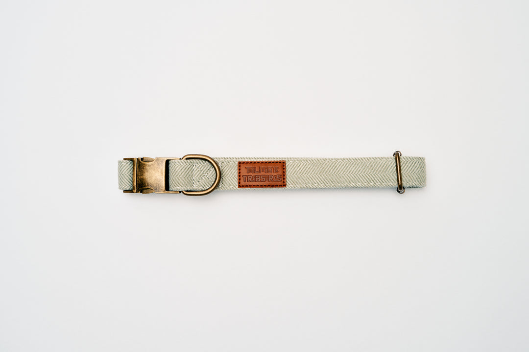 Green Tweed Herringbone Dog Collar with Rustic Metal Buckle & Leather Logo