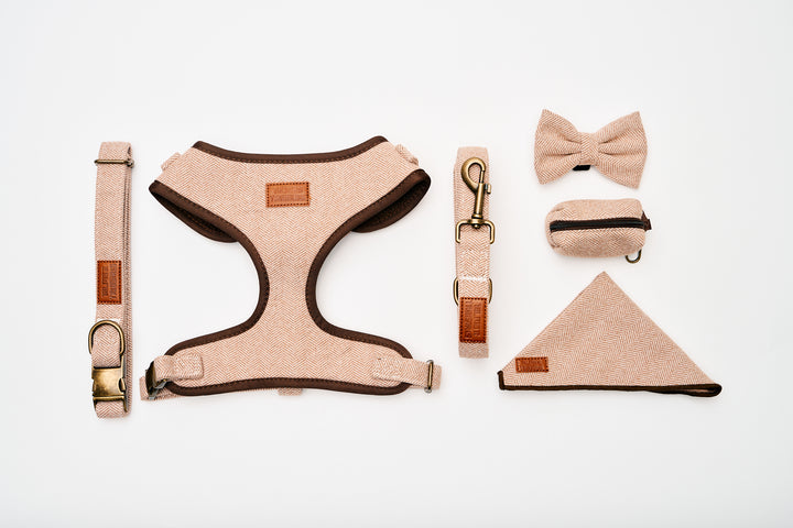 Brown Premium Tweed Herringbone Dog Harness Full Set