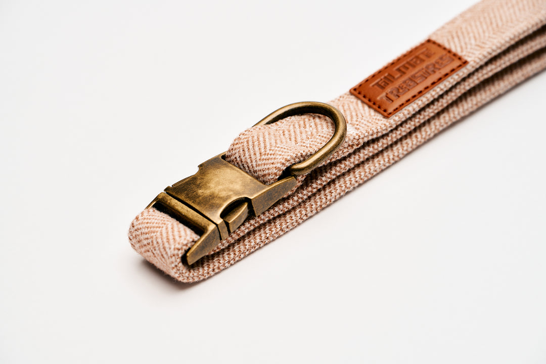 Brown Tweed Herringbone Dog Collar with Rustic Metal Buckle & Leather Logo