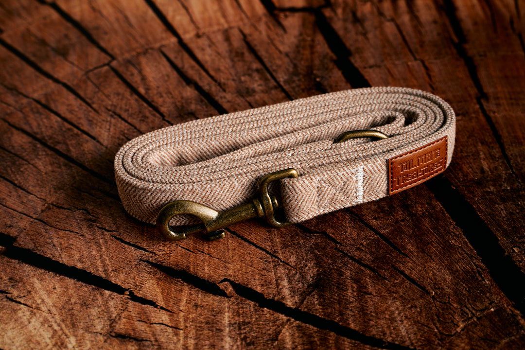 Brown Tweed Herringbone Dog Collar with Rustic Metal Buckle & Leather Logo