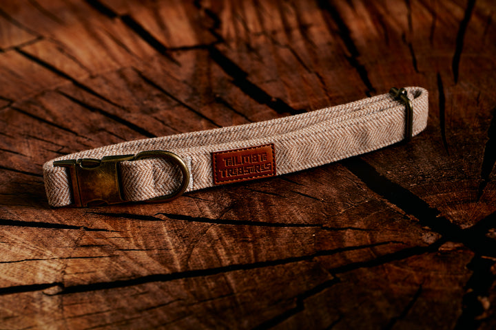 Brown Tweed Herringbone Dog Collar with Rustic Metal Buckle & Leather Logo