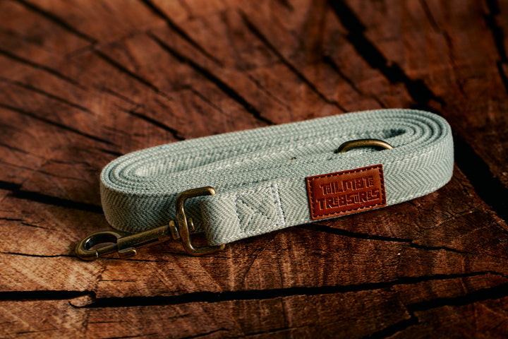 Green Tweed Herringbone Dog Collar with Rustic Metal Buckle & Leather Logo