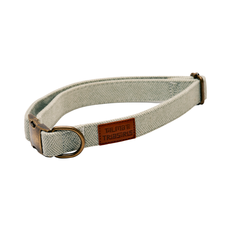 Green Tweed Herringbone Dog Collar with Rustic Metal Buckle & Leather Logo